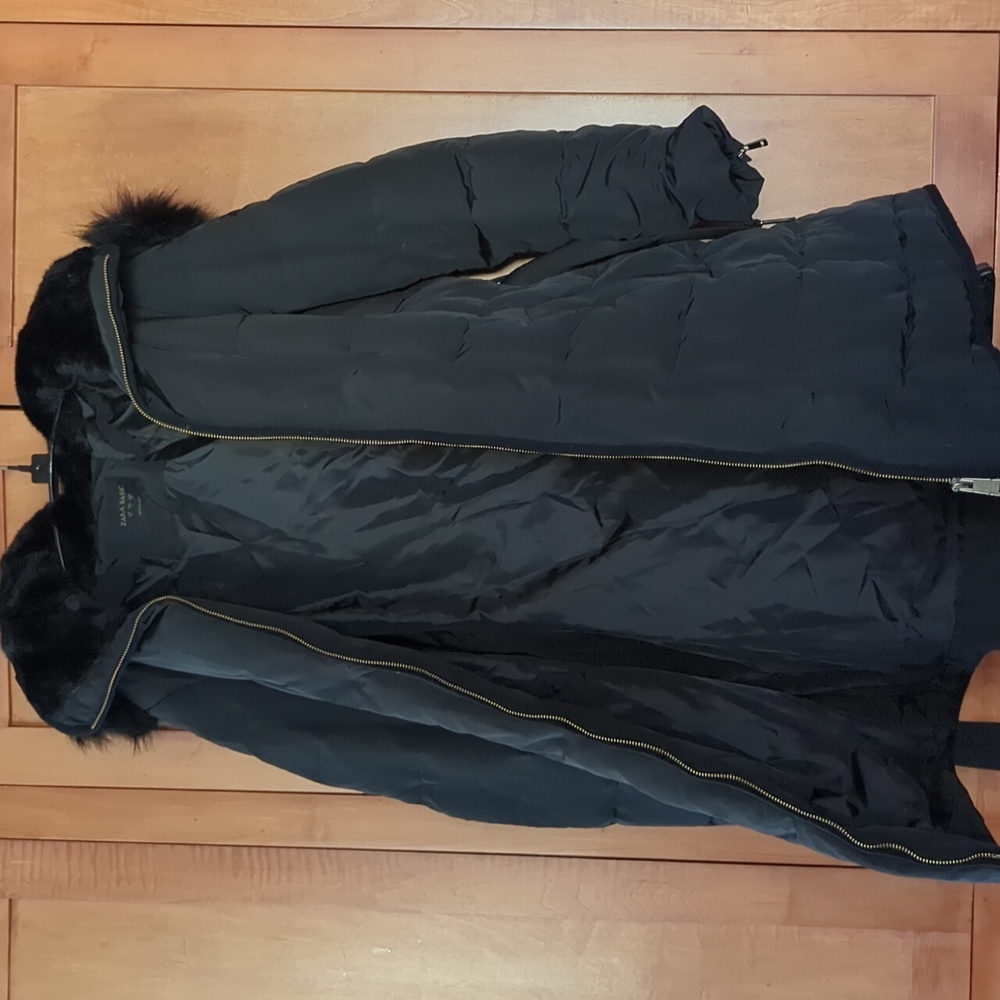 Zara Black Puffer Hoodie Coat with Belt Medium/Large - Picture 5 of 8